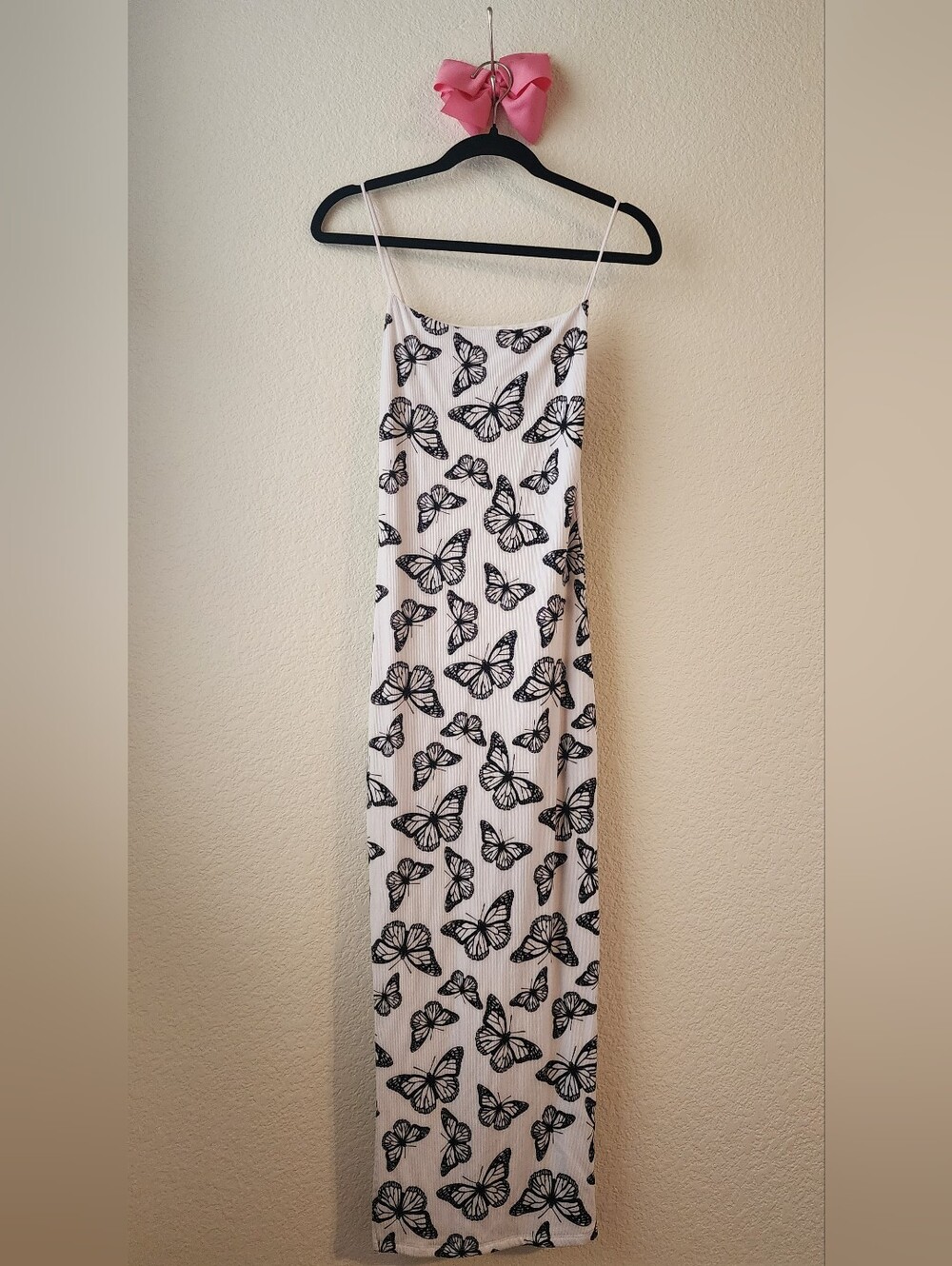 White Maxi Dress with Black Butterfly Print And Side Slit